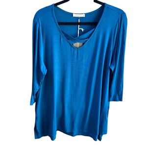 Pebble and Stone Womens 2X Teal Blue V-Neck Strappy Detail 3/4 Sleeve Top NWT